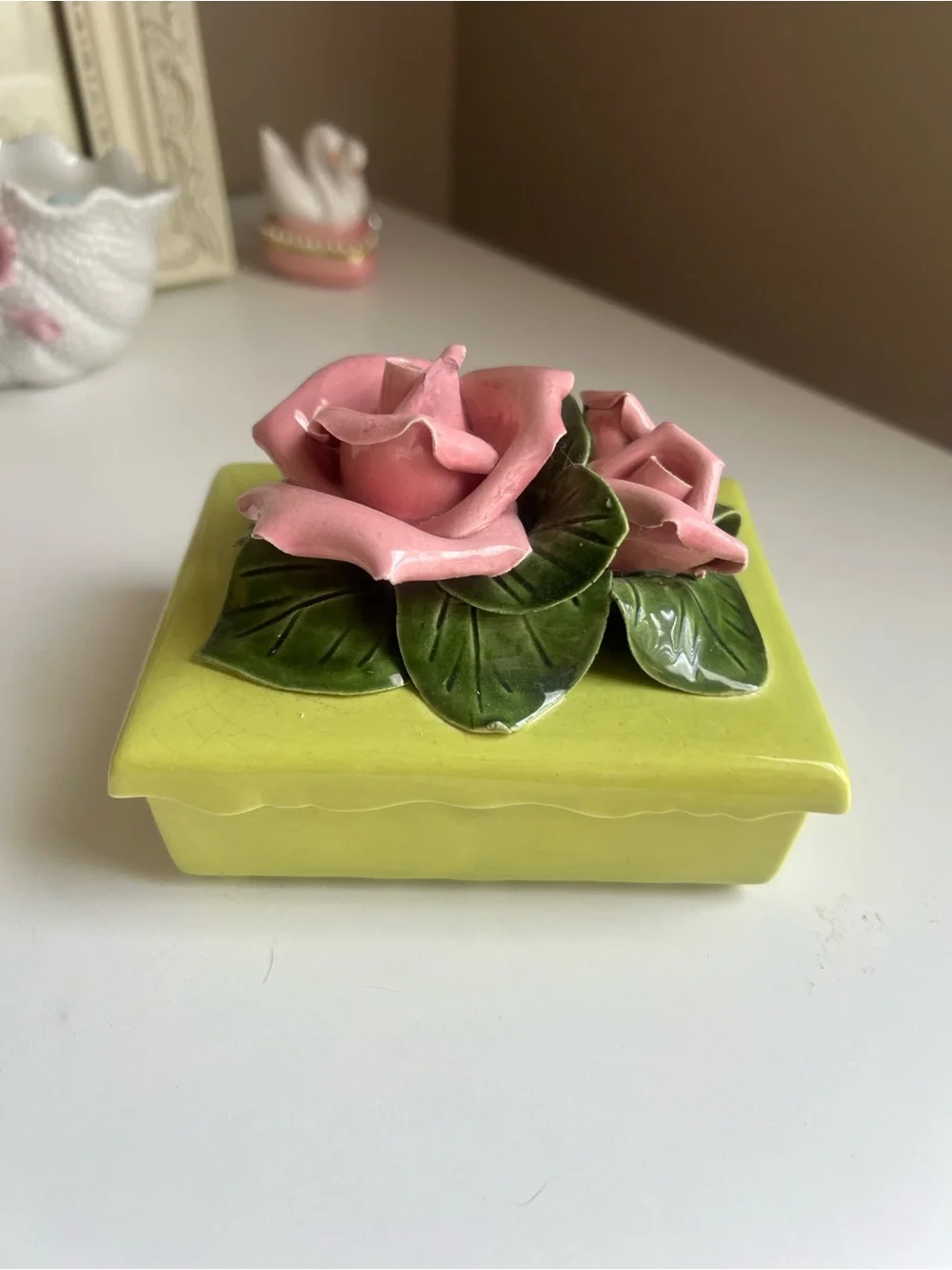 Vintage Handpainted Ceramic Rose Trinket Box on Green Base